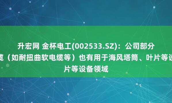 升宏网 金杯电工(002533.SZ)：公司部分特种电缆（如耐扭曲软电缆等）也有用于海风塔筒、叶片等设备领域